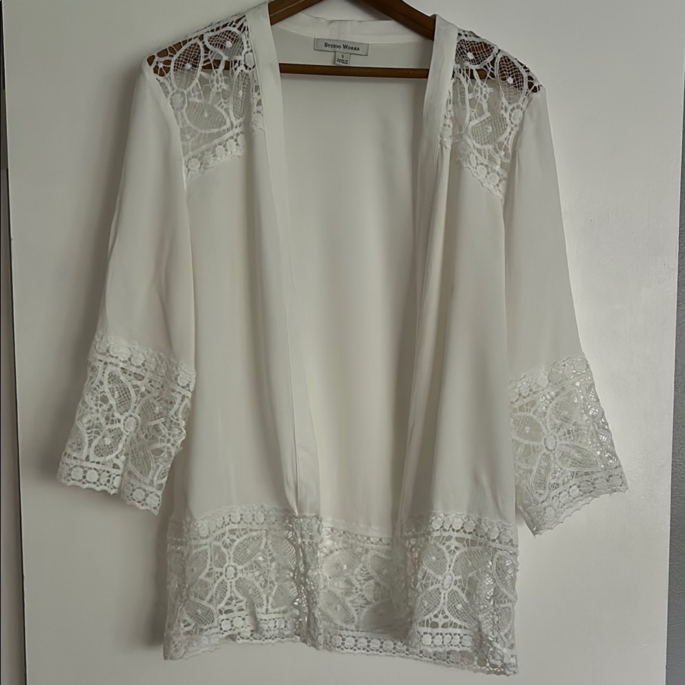 Studio Works Elegant White Lace Coverup Jacket Size Small Beach